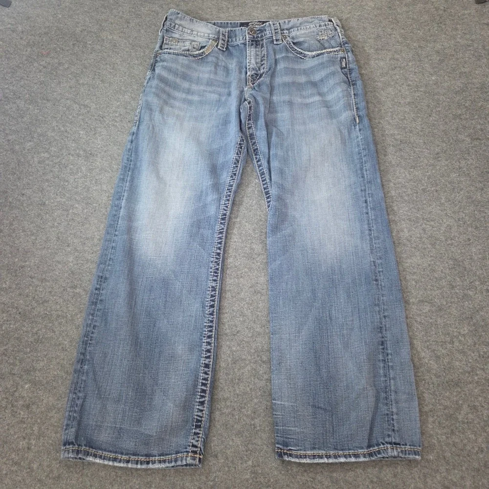 Silver Jeans Zac Mens 34x32 Light Wash Relaxed Straight Denim Jeans Distressed